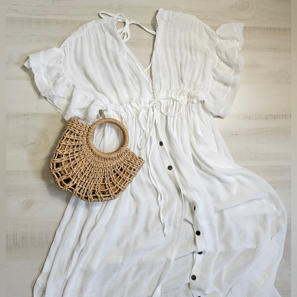 New Gauzy Cover Up Maxi Dress Button Front Deep Plunge White - Picture 3 of 12